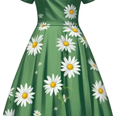 A Green Dress With White Daisy Flowers Short Sleeves Vintage Style The Dress Is On A White Background 38 2067