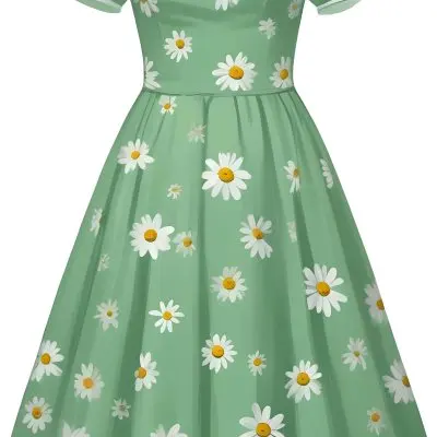 A Green Dress With White Daisy Flowers Short Sleeves Vintage Style The Dress Is On A White Background 5 F9a3
