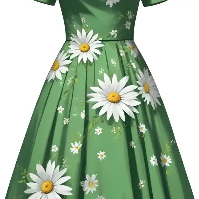 A Green Dress With White Daisy Flowers Short Sleeves Vintage Style The Dress Is On A White Background 6 A213