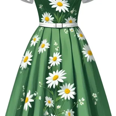 A Green Dress With White Daisy Flowers Short Sleeves Vintage Style The Dress Is On A White Background 7 4c4e