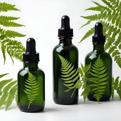 A Green Fern Leaf And Two Black Glass Bottles With Dropper Caps On A White Background 12 31a1
