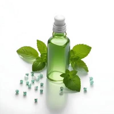 A Green Glass Bottle Filled With A Clear Liquid Surrounded By Fresh Mint Leaves And Small White Pills On A White Background 16 20a5