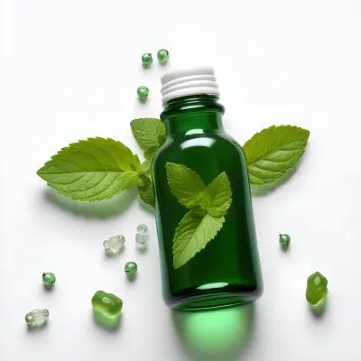 A Green Glass Bottle Filled With A Clear Liquid Surrounded By Fresh Mint Leaves And Small White Pills On A White Background 19 1d07