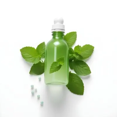 A Green Glass Bottle Filled With A Clear Liquid Surrounded By Fresh Mint Leaves And Small White Pills On A White Background 20 18c9