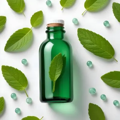 A Green Glass Bottle Filled With A Clear Liquid Surrounded By Fresh Mint Leaves And Small White Pills On A White Background 3 B55f