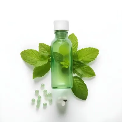 A Green Glass Bottle Filled With A Clear Liquid Surrounded By Fresh Mint Leaves And Small White Pills On A White Background 32 F05d