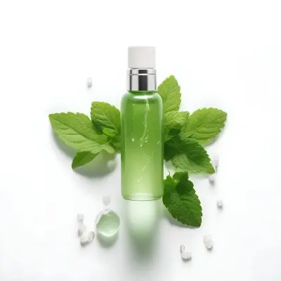 A Green Glass Bottle Filled With A Clear Liquid Surrounded By Fresh Mint Leaves And Small White Pills On A White Background 39 Be98
