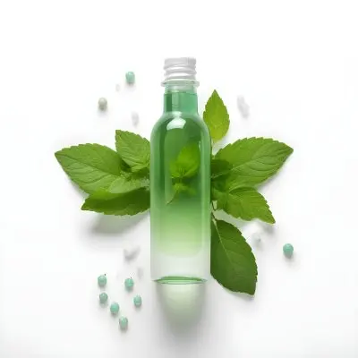 A Green Glass Bottle Filled With A Clear Liquid Surrounded By Fresh Mint Leaves And Small White Pills On A White Background 46 204e