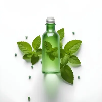 A Green Glass Bottle Filled With A Clear Liquid Surrounded By Fresh Mint Leaves And Small White Pills On A White Background 51 F817