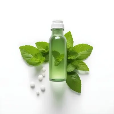 A Green Glass Bottle Filled With A Clear Liquid Surrounded By Fresh Mint Leaves And Small White Pills On A White Background 55 1055