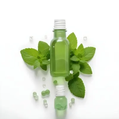 A Green Glass Bottle Filled With A Clear Liquid Surrounded By Fresh Mint Leaves And Small White Pills On A White Background 59 D0fb