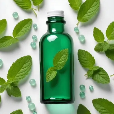 A Green Glass Bottle Filled With A Clear Liquid Surrounded By Fresh Mint Leaves And Small White Pills On A White Background 64 985a