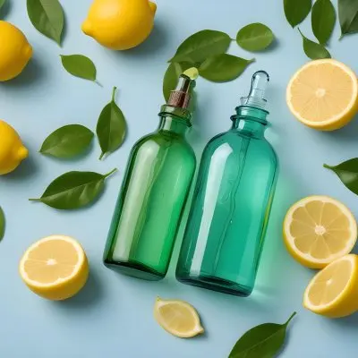 A Green Glass Bottle With A Dropper Surrounded By Sliced Lemons And Lemon Leaves On A Light Blue Background 15