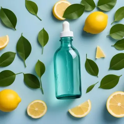 A Green Glass Bottle With A Dropper Surrounded By Sliced Lemons And Lemon Leaves On A Light Blue Background 5