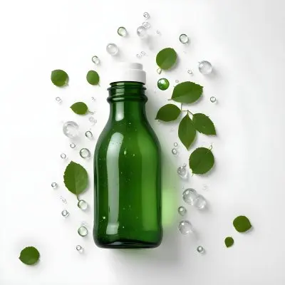 A Green Glass Bottle With A White Cap Surrounded By Green Leaves And Bubbles Against A White Background 4