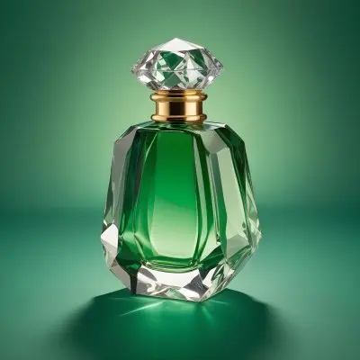 A Green Glass Perfume Bottle With A Diamond Shaped Cap Gold Neck And Faceted Body On A Green Background 22 6134