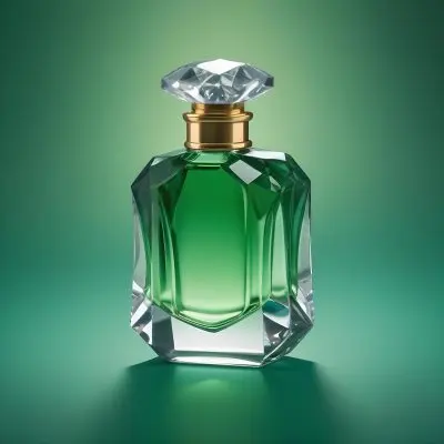A Green Glass Perfume Bottle With A Diamond Shaped Cap Gold Neck And Faceted Body On A Green Background 29 989f