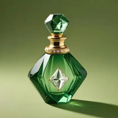 A Green Glass Perfume Bottle With A Diamond Shaped Cap Gold Neck And Faceted Body On A Green Background 32 8151