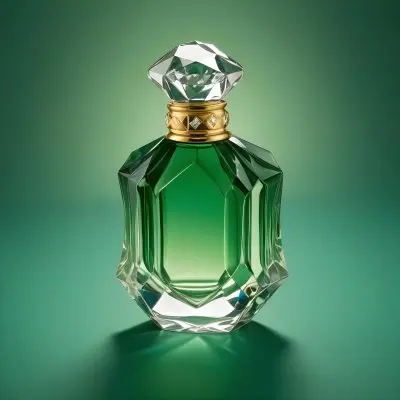 A Green Glass Perfume Bottle With A Diamond Shaped Cap Gold Neck And Faceted Body On A Green Background 9 11d4