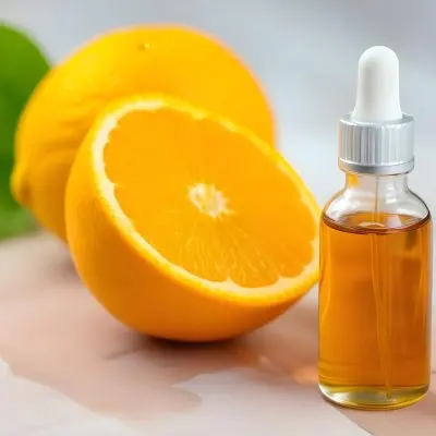 A Half Cut Orange With A Glass Bottle Of Orange Essential Oil Next To It On A Light Wooden Surface 18