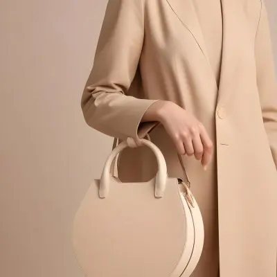 A Hand Holding A Beige Handbag With A Circular Handle The Bag Has A Structured Design And Is Made Of Smooth The Background Is A Neutral Color Complementing The Bag S Tone The Hand Appears To Be Part Of A Person Weari 4 70da