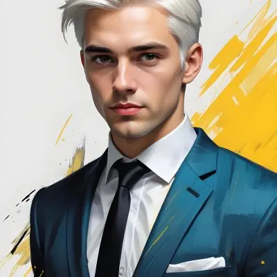 A Handsome Caucasian Man 28 Years Old With White Hair Wearing A Black Tie And A Yellow Suit In A Black Background With Yellow Brush Strokes 10 8bea