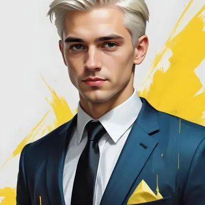 A Handsome Caucasian Man 28 Years Old With White Hair Wearing A Black Tie And A Yellow Suit In A Black Background With Yellow Brush Strokes 12 4d86