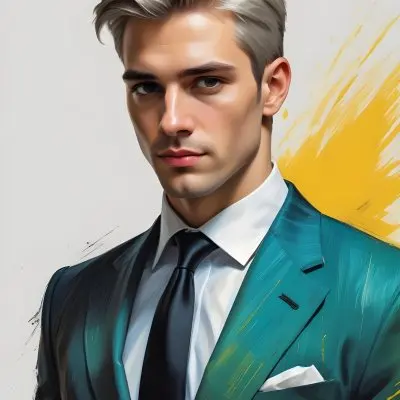 A Handsome Caucasian Man 28 Years Old With White Hair Wearing A Black Tie And A Yellow Suit In A Black Background With Yellow Brush Strokes 19 F6e3