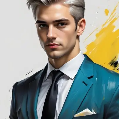 A Handsome Caucasian Man 28 Years Old With White Hair Wearing A Black Tie And A Yellow Suit In A Black Background With Yellow Brush Strokes 23 5d69