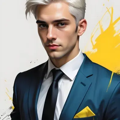 A Handsome Caucasian Man 28 Years Old With White Hair Wearing A Black Tie And A Yellow Suit In A Black Background With Yellow Brush Strokes 24 D37f