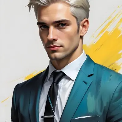 A Handsome Caucasian Man 28 Years Old With White Hair Wearing A Black Tie And A Yellow Suit In A Black Background With Yellow Brush Strokes 26 7049