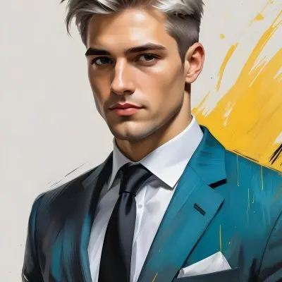 A Handsome Caucasian Man 28 Years Old With White Hair Wearing A Black Tie And A Yellow Suit In A Black Background With Yellow Brush Strokes 35 D242