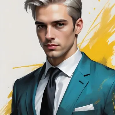 A Handsome Caucasian Man 28 Years Old With White Hair Wearing A Black Tie And A Yellow Suit In A Black Background With Yellow Brush Strokes 5 6bf4