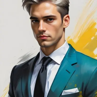 A Handsome Caucasian Man 28 Years Old With White Hair Wearing A Black Tie And A Yellow Suit In A Black Background With Yellow Brush Strokes 52 Fde2