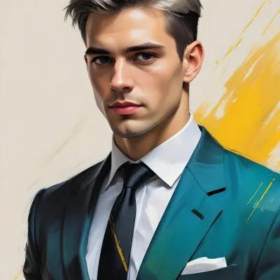 A Handsome Caucasian Man 28 Years Old With White Hair Wearing A Black Tie And A Yellow Suit In A Black Background With Yellow Brush Strokes 60 639a