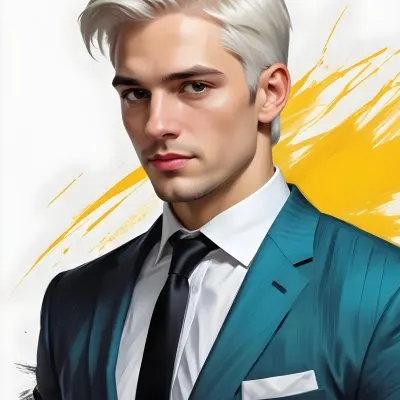 A Handsome Caucasian Man 28 Years Old With White Hair Wearing A Black Tie And A Yellow Suit In A Black Background With Yellow Brush Strokes 9 D105