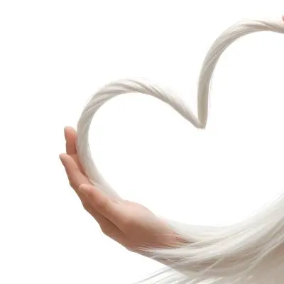 A Heart Shape Made Of White Hair Strands The Hair Is Shiny And Healthy The Background Is Plain White Studio Shot 11 734d