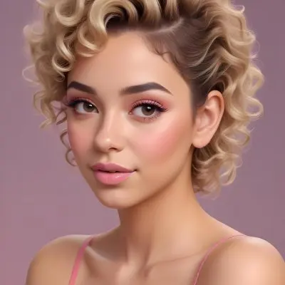 A Hispanic Woman 28 Years Old Light Skin Blonde Curly Short Hair Pink Lips Wearing Makeup Looking At Camera In A Pink Background 16 9202