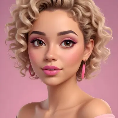 A Hispanic Woman 28 Years Old Light Skin Blonde Curly Short Hair Pink Lips Wearing Makeup Looking At Camera In A Pink Background 5 59e9