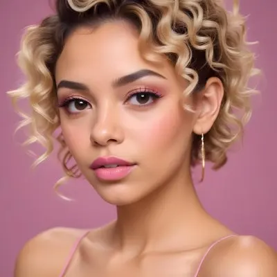 A Hispanic Woman 28 Years Old Light Skin Blonde Curly Short Hair Pink Lips Wearing Makeup Looking At Camera In A Pink Background 51 905b
