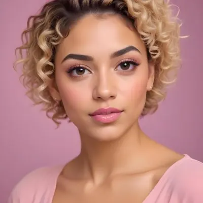 A Hispanic Woman 28 Years Old Light Skin Blonde Curly Short Hair Pink Lips Wearing Makeup Looking At Camera In A Pink Background 55 6fc6