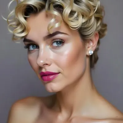 A Hispanic Woman 28 Years Old Light Skin Blonde Curly Short Hair Pink Lips Wearing Makeup Looking At Camera In A Pink Background 79 785e