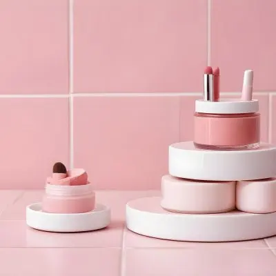 A Jar Of Makeup On Top Of Three White Platforms In A Pink Tiled Bathroom The Background Is Pink Tiles And The Floor Is White 14 Dc25