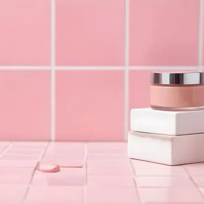 A Jar Of Makeup On Top Of Three White Platforms In A Pink Tiled Bathroom The Background Is Pink Tiles And The Floor Is White 15 F561