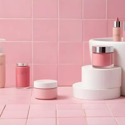 A Jar Of Makeup On Top Of Three White Platforms In A Pink Tiled Bathroom The Background Is Pink Tiles And The Floor Is White 19 B4c6