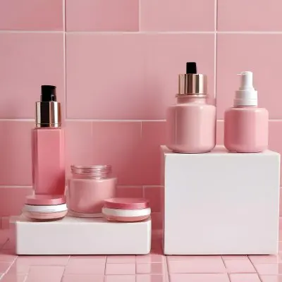 A Jar Of Makeup On Top Of Three White Platforms In A Pink Tiled Bathroom The Background Is Pink Tiles And The Floor Is White 21 624e
