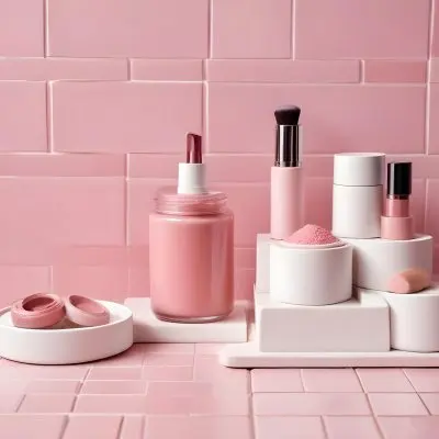 A Jar Of Makeup On Top Of Three White Platforms In A Pink Tiled Bathroom The Background Is Pink Tiles And The Floor Is White 6 E931