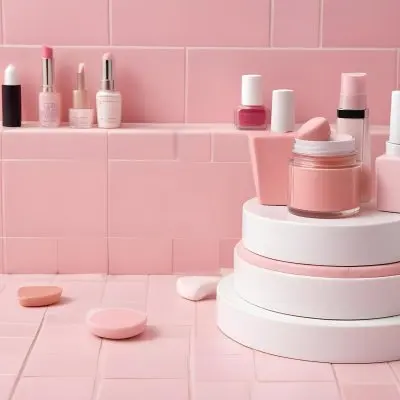 A Jar Of Makeup On Top Of Three White Platforms In A Pink Tiled Bathroom The Background Is Pink Tiles And The Floor Is White 8 2923