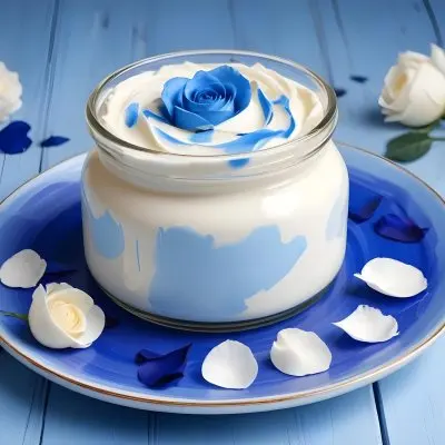 A Jar Of White Cream Surrounded By Blue Rose Petals On A Blue Plate White Wooden Table Background 12 Ee6a