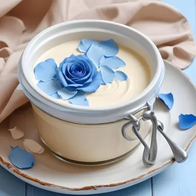 A Jar Of White Cream Surrounded By Blue Rose Petals On A Blue Plate White Wooden Table Background 13 F0d6